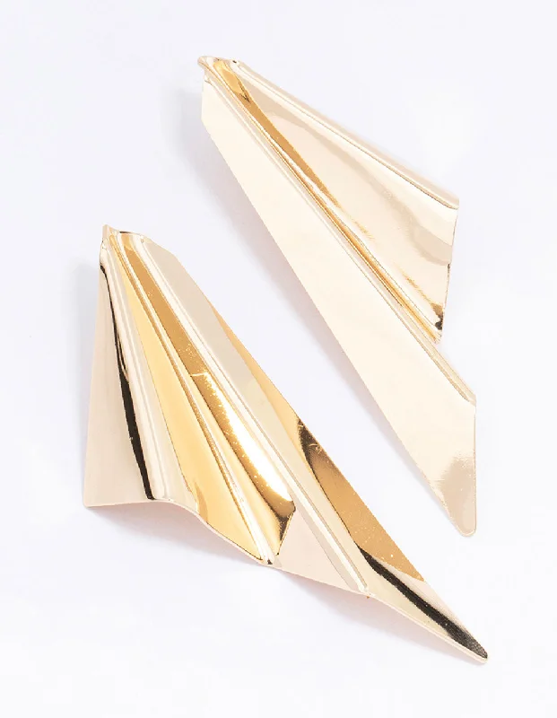 Smooth drop earrings-Gold Folded Fan Drop Earrings