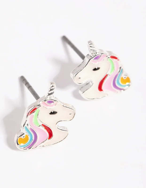 Lily motif earrings-Silver Unicorn Stud Earrings