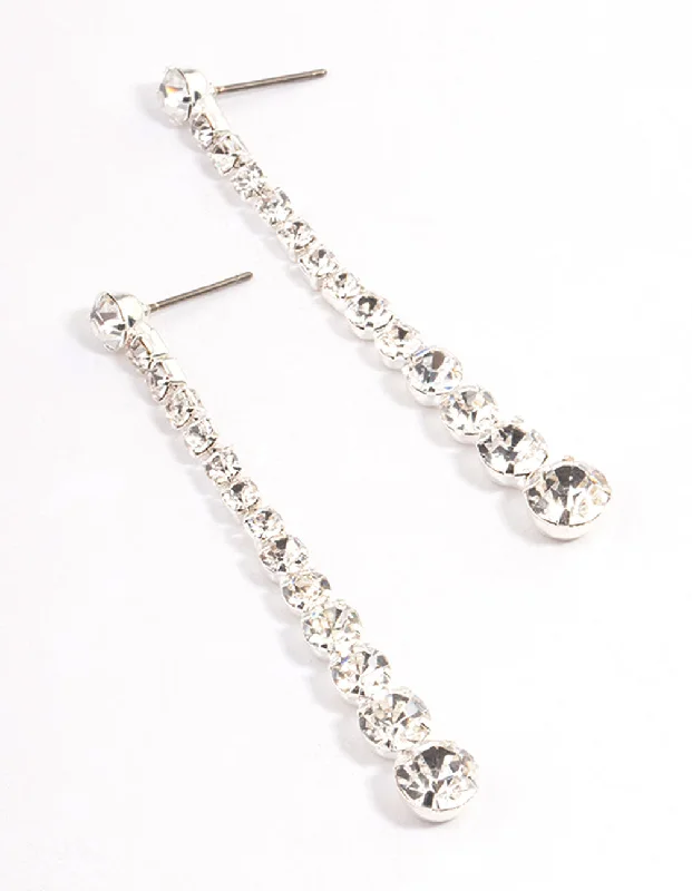 Smooth drop earrings-Silver Diamante Graduated Straight Drop Earrings