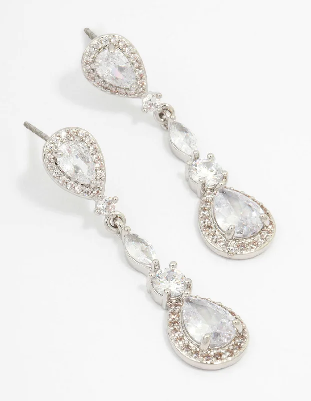 Spinel earrings-Silver Cubic Zirconia Pear Halo Drop Earrings