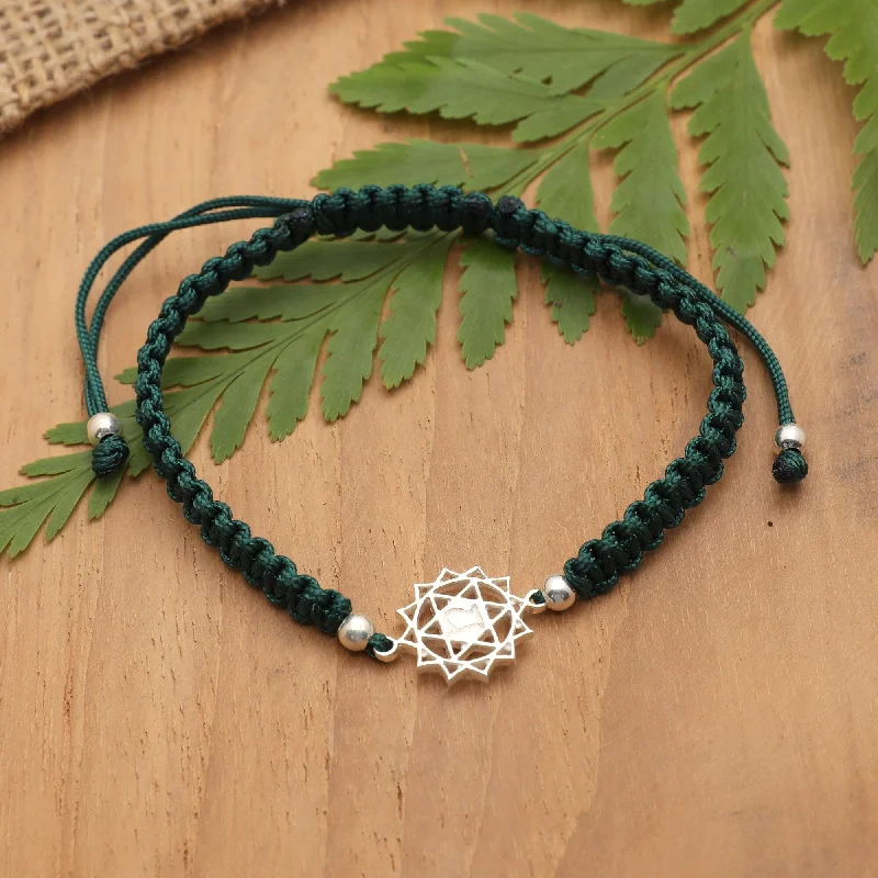 Flat knot bangles-Novica Handmade Dark Green Anahata Sterling Silver Macrame Pendant Bracelet