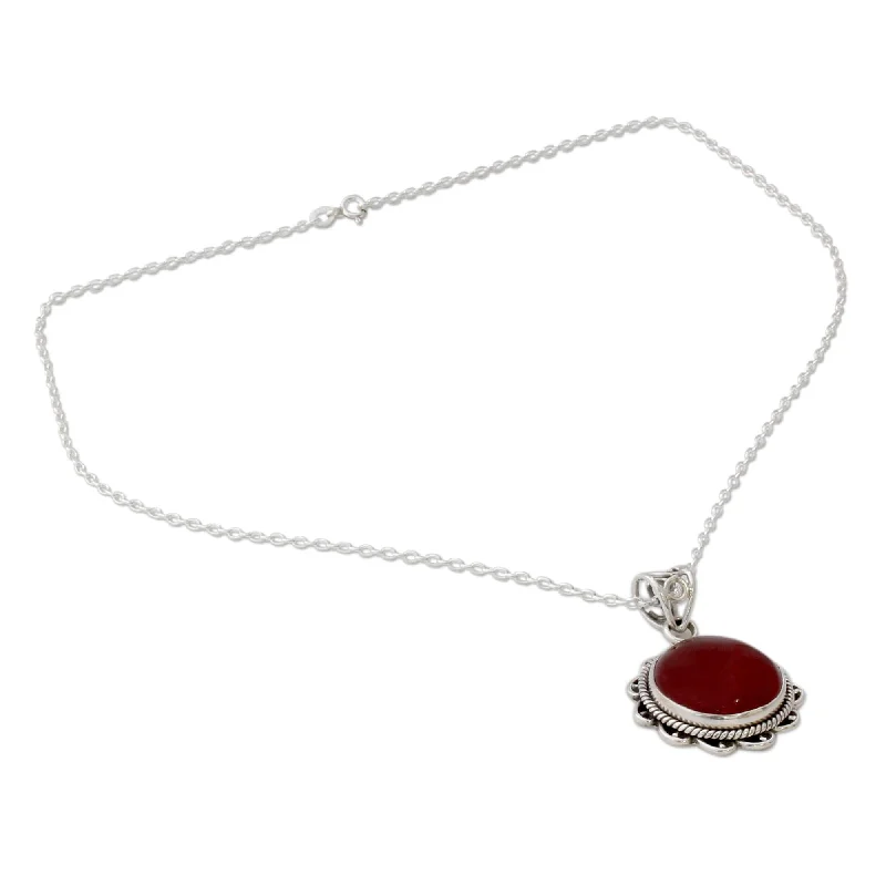 Smooth pendant necklaces-Handmade Carnelian Pendant Necklace, 'Burst of Passion' (India) - 7'6" x 9'6"