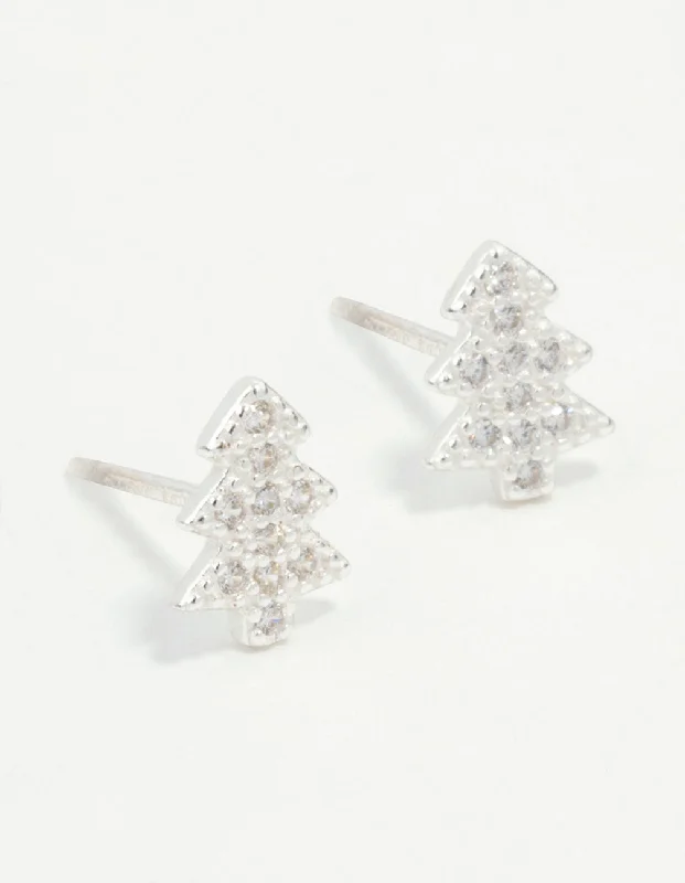 Glossy silver earrings-Sterling Silver Cubic Zirconia Tree Stud Earrings