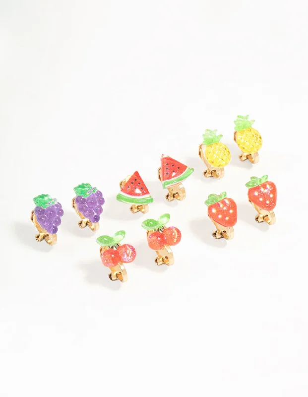 Swirl shape earrings-Gold Fruit Salad Clip On Earrings 5-Pack