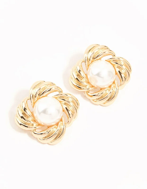 Pure gem earrings-Gold Ribbed & Pearl Vintage Stud Earrings