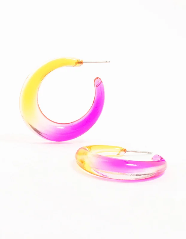 Silk cord earrings-Yellow & Pink Acrylic Pointed Wide Hoop Earrings