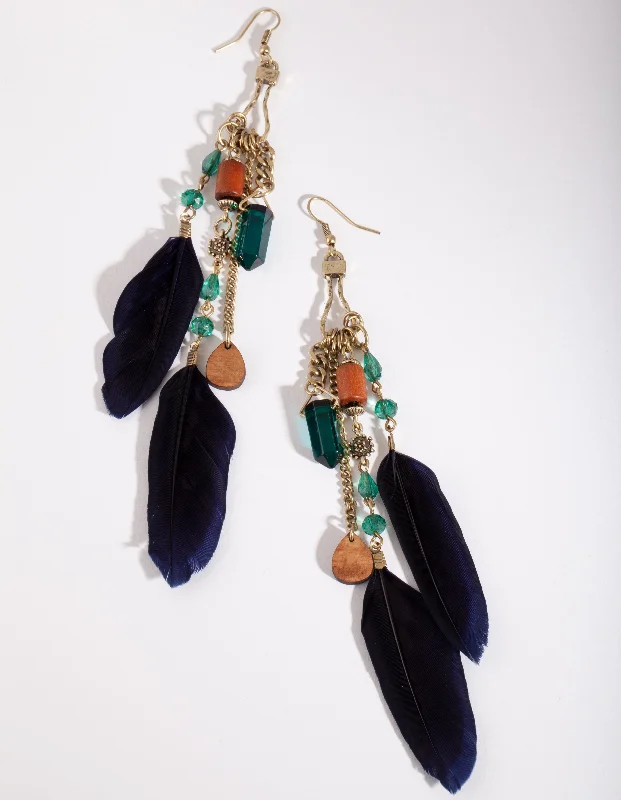 Polished bead earrings-Antique Gold Chain Feather Bead Drop Earrings