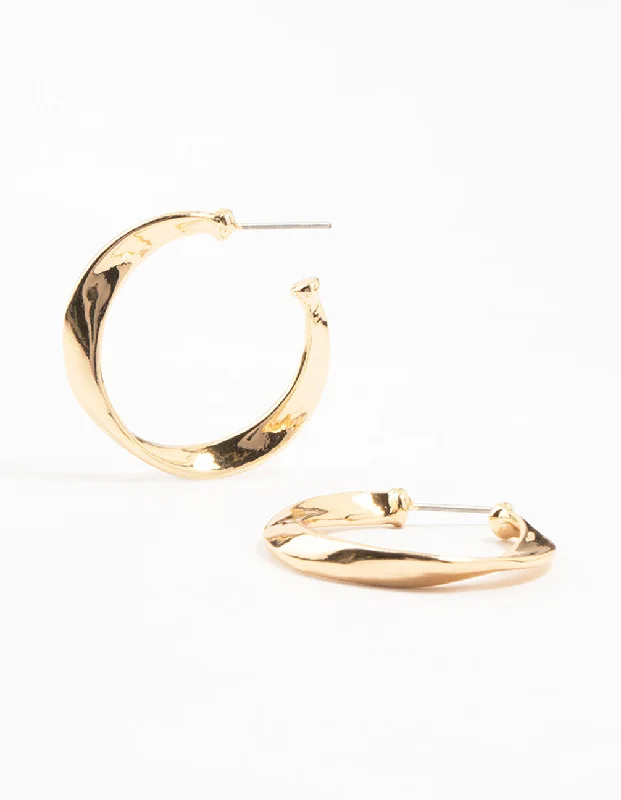 Bead weave earrings-Gold Thin Warped Hoop Earrings