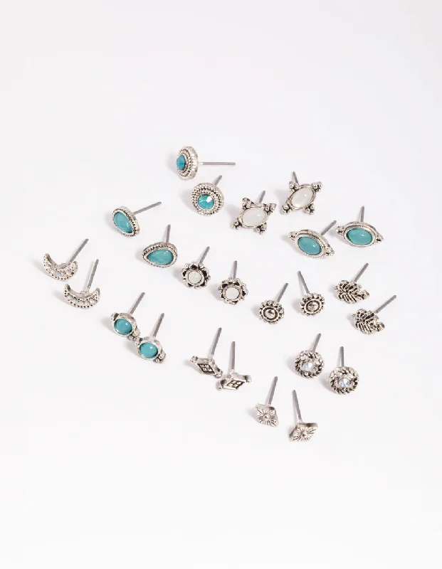 Agate drop earrings-Antique Silver Moon Stud Earring 12-Pack