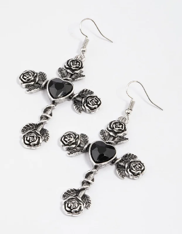 Thin pearl earrings-Antique Silver Rose & Heart Drop Earrings