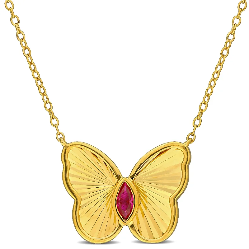 Floating gem necklaces-Miadora 1/5ct TGW Marquise-Cut Created Ruby Butterfly Necklace in Yellow Plated Sterling Silver-17in