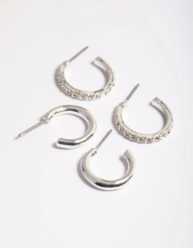 Textured disc earrings-Silver Plain & Diamante Huggie Earrings Pack