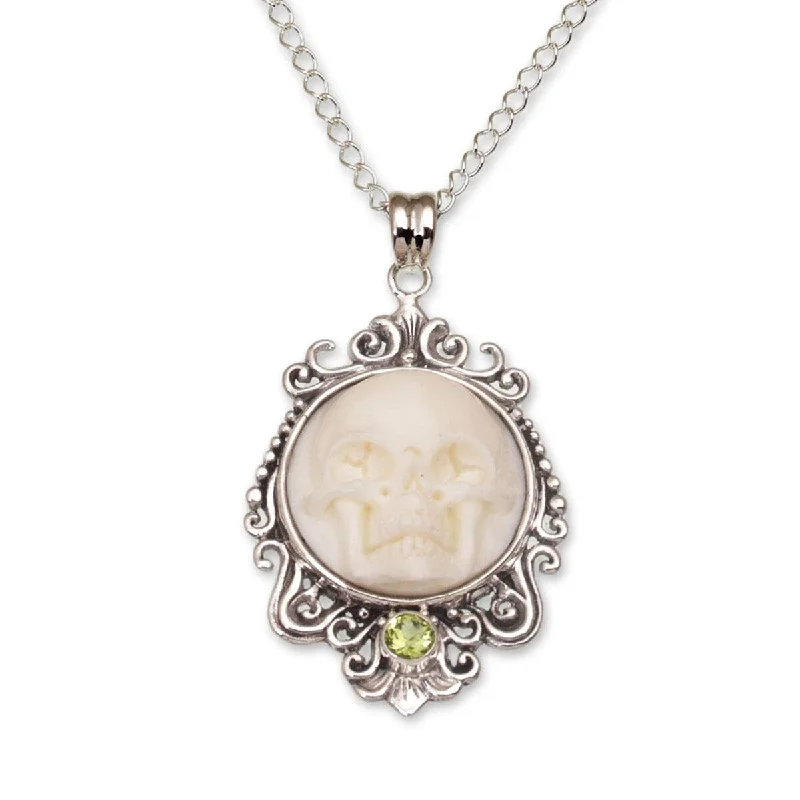 Pure crystal necklaces-NOVICA Skull Stare in White, Peridot pendant necklace