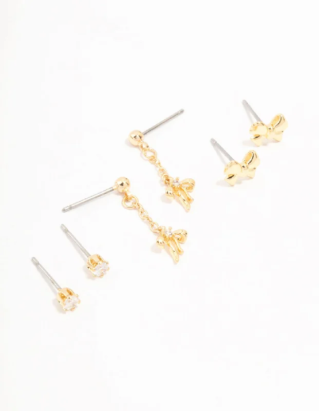 Oval dangle earrings-Gold Plated Mini Cubic Zirconia Bow Drop Earrings 3-Pack