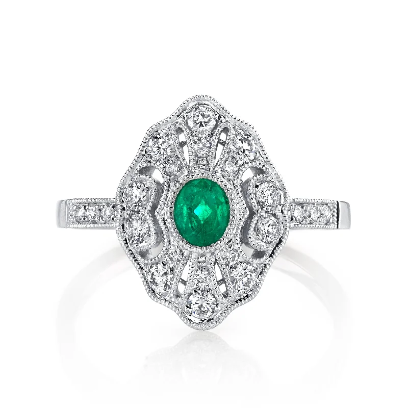 Marquise cut engagement rings-14K White Gold 0.24ct. Emerald & 0.35ct. Diamond Filigree & Milgrain Detailing Fashion Ring