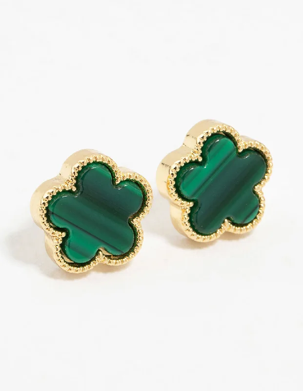 Thin hoop earrings-Gold Plated Emerald Clover Stud Earrings