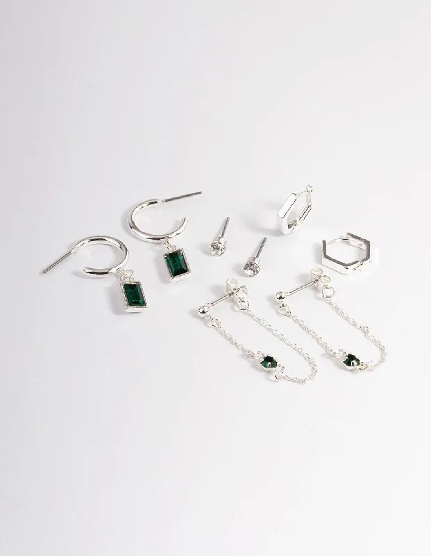 Light clay earrings-Green Diamante Baguette Earrings 4-Pack