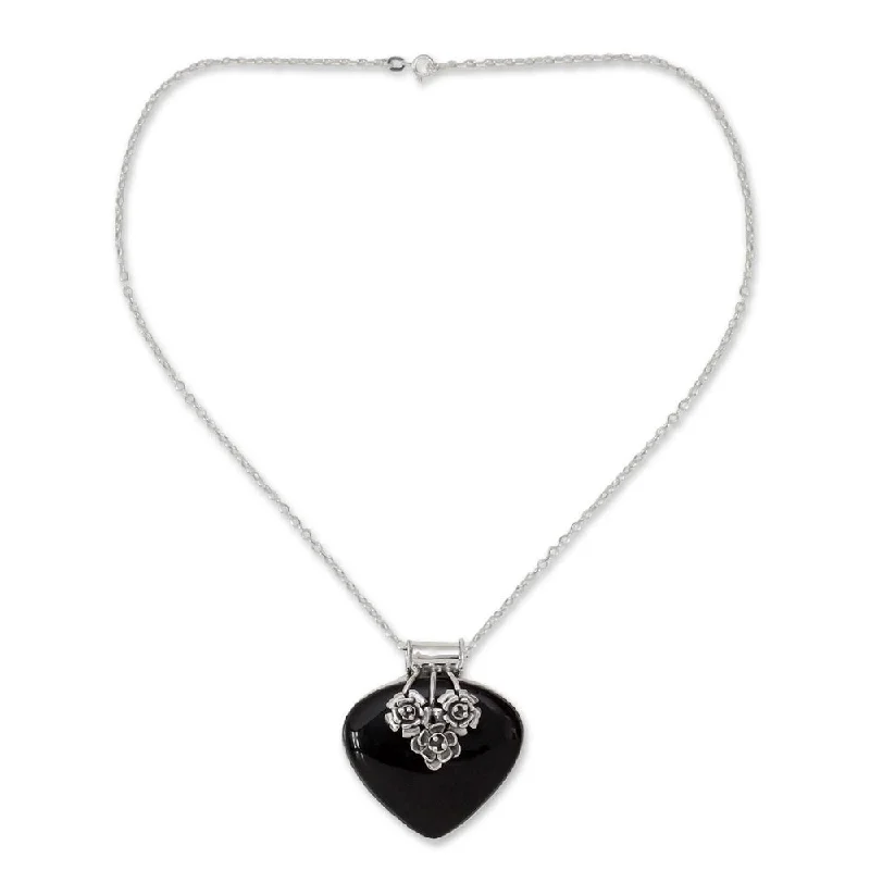 Lily flower necklaces-Handmade Sterling Silver 'Love Declared' Onyx Necklace (India)