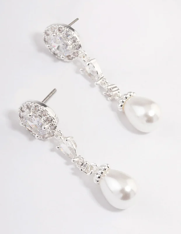 Glossy silver earrings-Silver Plated Cubic Zirconia Halo Pearl Drop Earrings