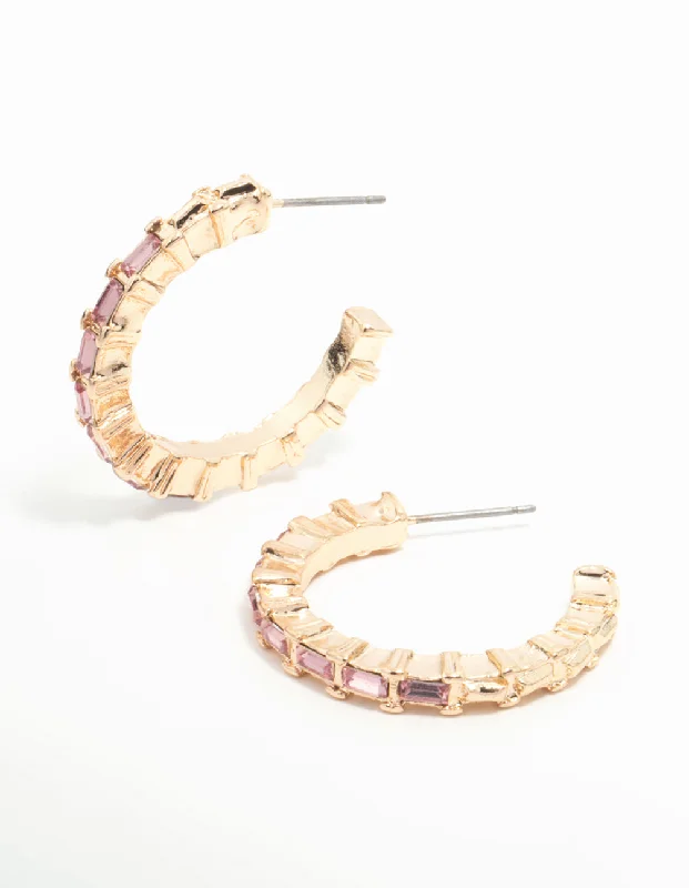 Surf motif earrings-Gold Pink Baguette Diamante Hoop Earrings