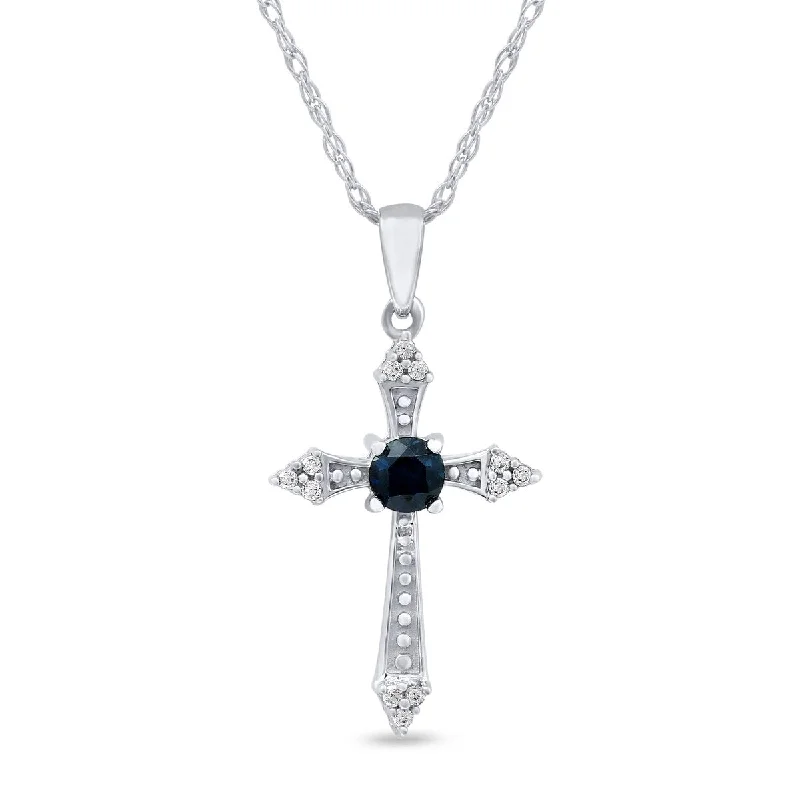 Radiant pearl necklaces-Blue Sapphire Gemstone 1/20ct TDW Diamond Cross Pendant Necklace in 10k Gold