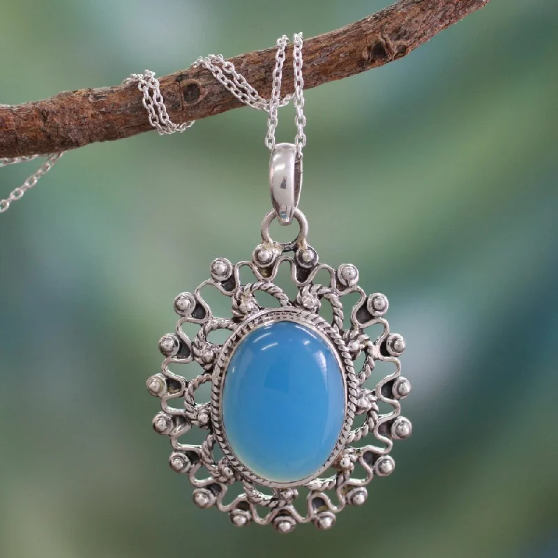 Oval gem necklaces-Handmade Sterling Silver 'Ancient Blue Sun' Chalcedony Necklace (India) - 7'6" x 9'6" - 7'6" x 9'6"