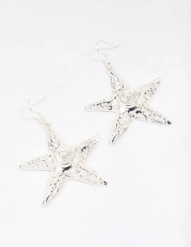 Playful pair earrings-Silver Molten Starfish Drop Earrings