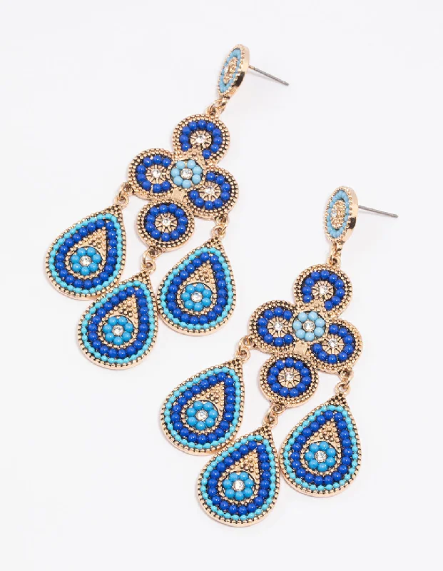 Ruby stone earrings-Blue Beaded Bug Multirow Drop Earrings