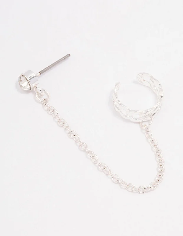 Bright stud earrings-Silver Chain Link Cuff & Diamante Chain Drop Earrings