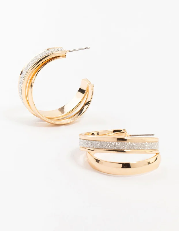 Thick hoop earrings-Gold Double Glitter Strand Hoop Earrings