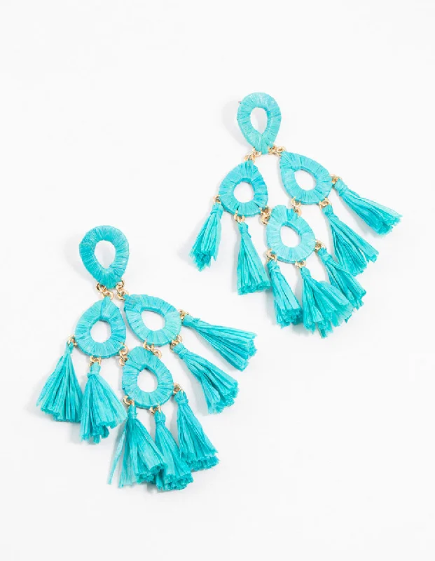 Square stud earrings-Blue Raffia Tassel Drop Earrings