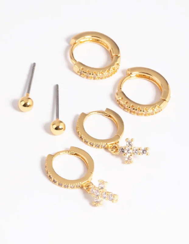 Surf motif earrings-Gold Plated Brass Cubic Zirconia Pave Cross Earring Stack 6-Pack