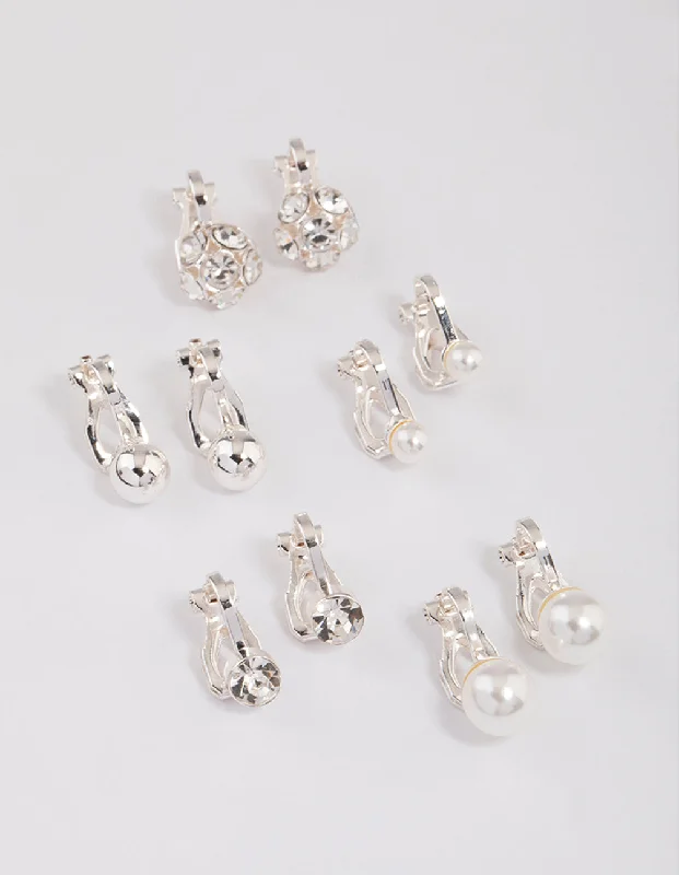 Vivid druzy earrings-Silver Pearl & Diamante Ball Clip On Earrings 5-Pack