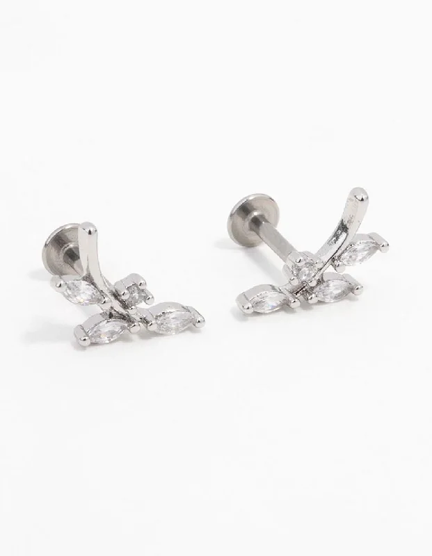 Tiny wing earrings-Surgical Steel Steel Cubic Zirconia Vine Flat Back Earrings 2-Pack