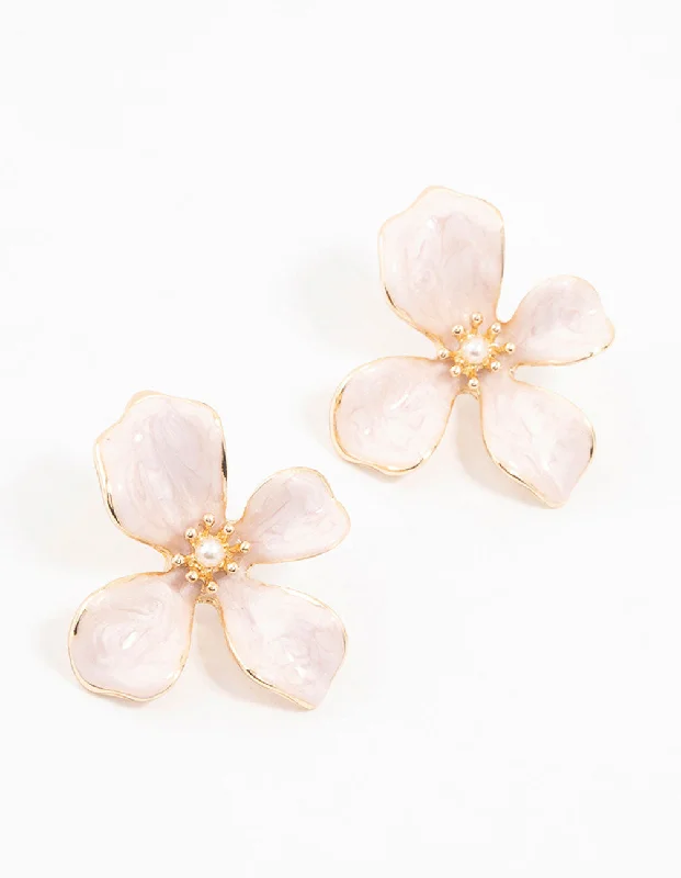 Topaz stud earrings-Small Pink Coated Flower Stud Earrings