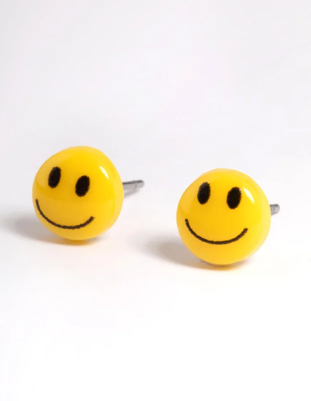 Silk tassel earrings-Yellow Smiley Stud Earrings