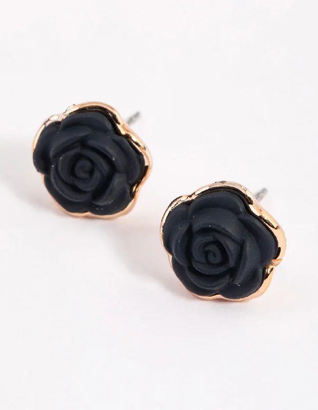 Smooth drop earrings-Black Coated Rose Stud Earrings