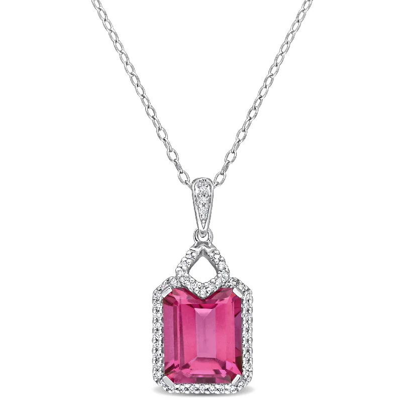 Faith charm necklaces-Miadora 5 3/5ct TGW Pink Topaz 1/4ct TW Diamond Halo Necklace Sterling Silver