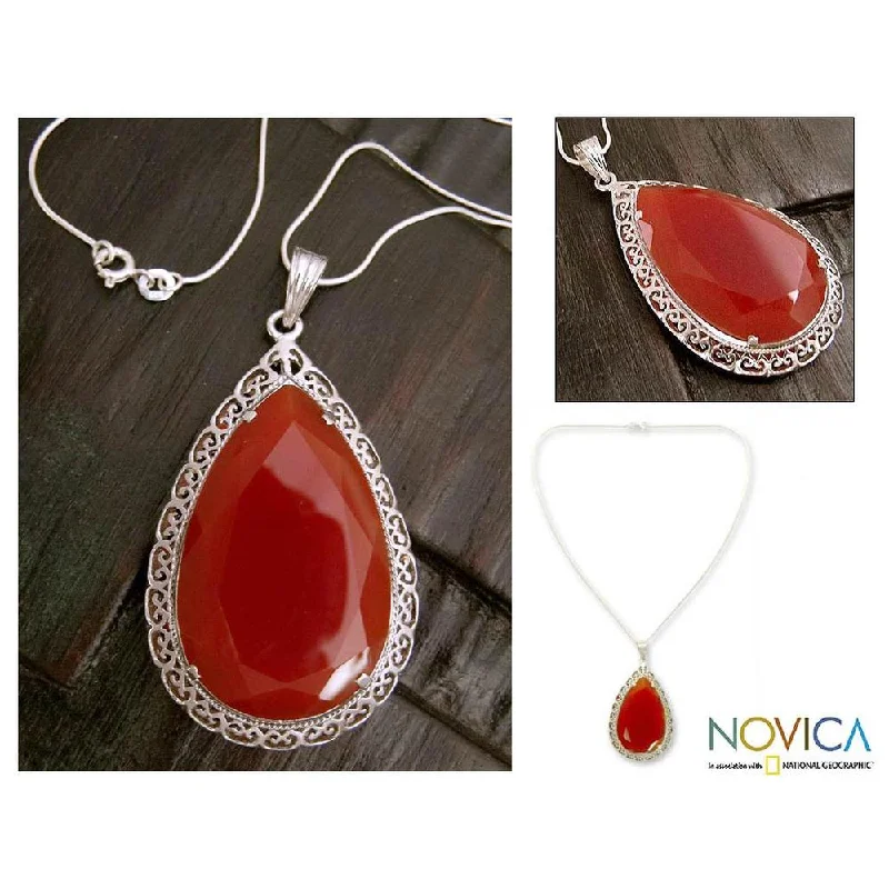 Victorian style necklaces-Handmade Sterling Silver 'Bright Hope' Red Agate Necklace (India) - 7'6" x 9'6"