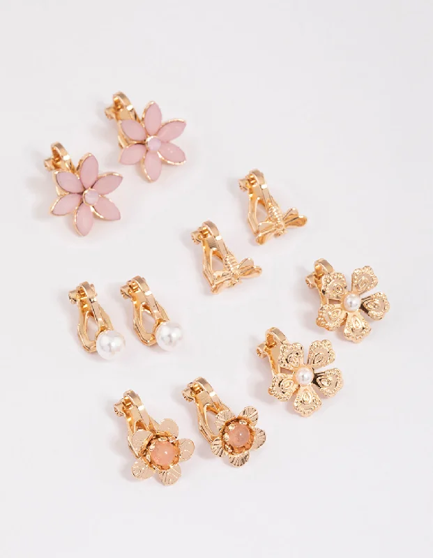 Playful pair earrings-Gold Pretty Flower Clip On Earrings 5-Pack