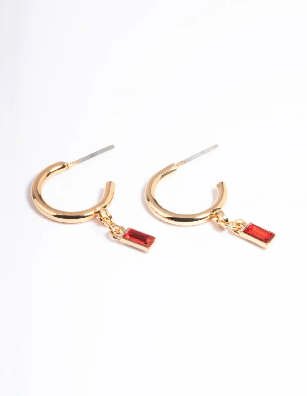 Radiant star earrings-Red Stone Drop Huggie Earrings