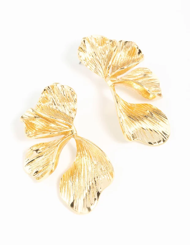 Retro clip earrings-Gold Plated Organic Petal Stud Earrings