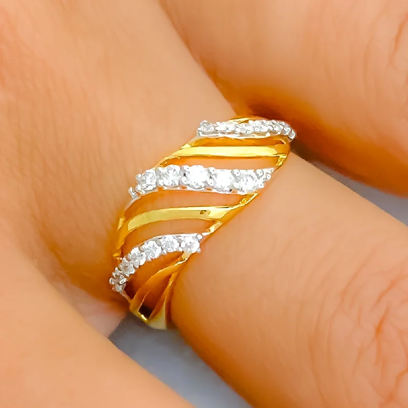 Light filigree engagement rings-Wavy Draped Diamond + 18k Gold Ring