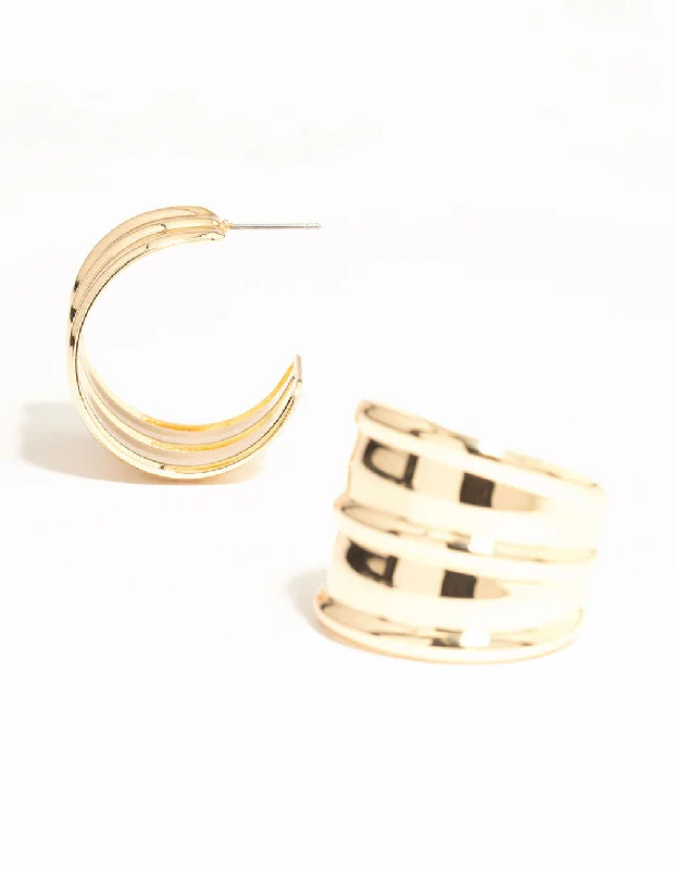 Silk fringe earrings-Gold Ribbed Large Hoop Earrings