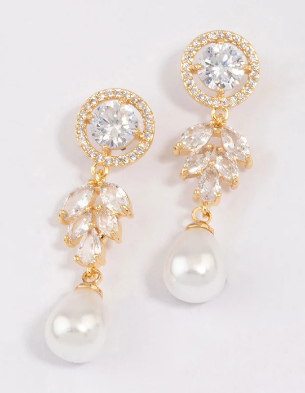 Flat badge earrings-Gold Plated Round Leaf & Pearl Drop Earrings