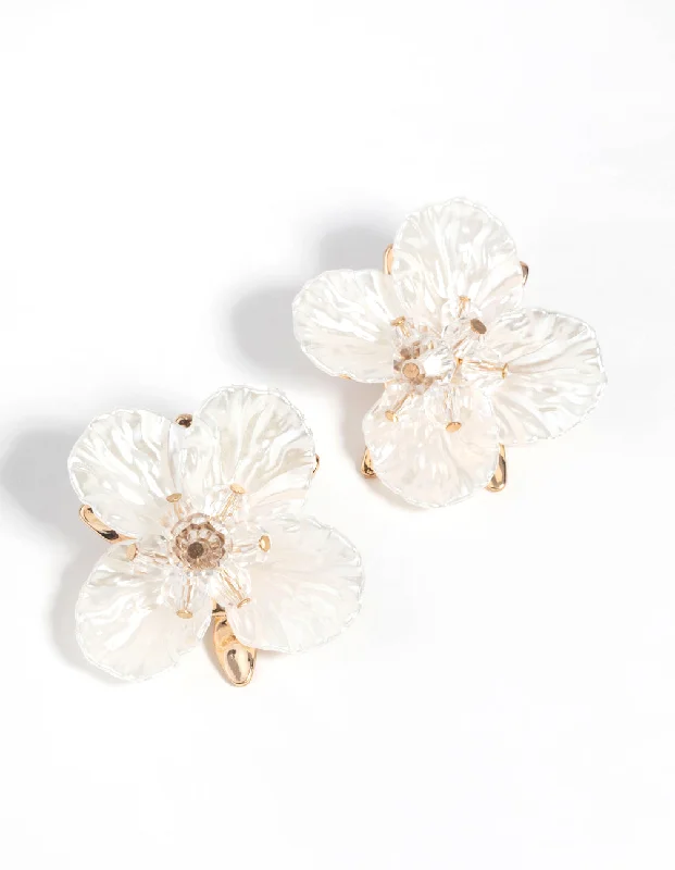 Ruby stone earrings-Gold Large Pearlised Flower Earrings