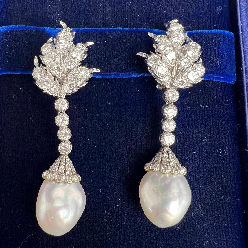 Thick hoop earrings-Vintage 70s Mario Buccellati Platinum Diamond Pearl Dangle Earrings 5.72ctw BOX