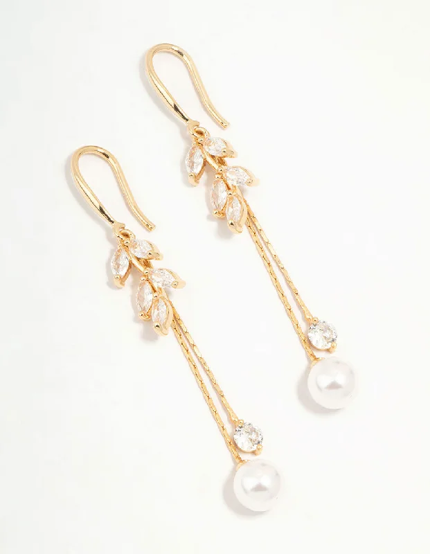 Trekker braid earrings-Gold Cubic Zirconia Leaf & Pearl Drop Earrings