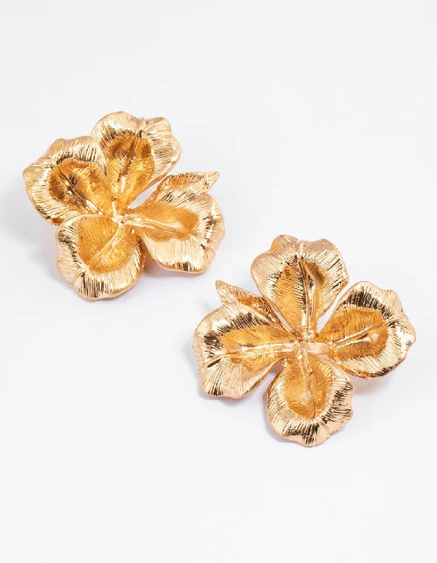 Leaf design earrings-Worn Gold Statement Flower Stud Earrings