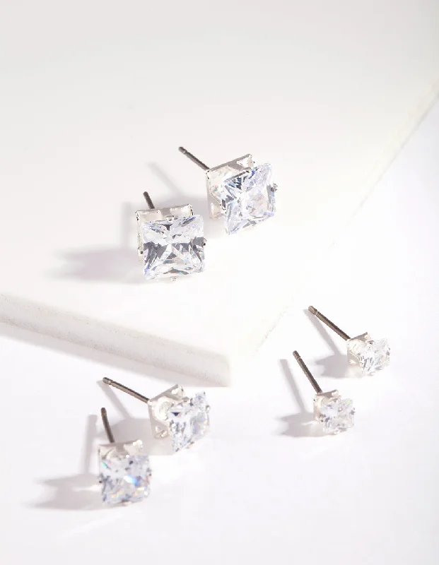 Fine triangle earrings-Silver Square Cut Diamante Stud Earring Pack